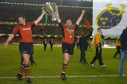20 May 2006; Munster locks Donncha O'Callaghan, left, and Mick O'Driscoll with the Heineken Cup after the game. Heineken Cup Final, Munster v Biarritz Olympique, Millennium Stadium, Cardiff, Wales. Picture credit; Brendan Moran / SPORTSFILE