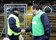 21 May 2006; Rival managers Charlie Mulgrew, Fermanagh, and Mickey Culbert, Antrim, shake hands before the start of the game. Bank of Ireland Ulster Senior Football Championship, Round 1, Fermanagh v Antrim, Brewster Park, Enniskillen, Co. Fermanagh. Picture credit; Oliver McVeigh / SPORTSFILE