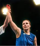 6 June 2014; Maria Kovacs, Hungary, celebrates victory over Emine Bozduman, Turkey, in their 81+kg Semi-Final bout. 2014 European Women’s Boxing Championships Semi-Finals, Polivalenta Hall, Bucharest, Romania. Picture credit: Pat Murphy / SPORTSFILE