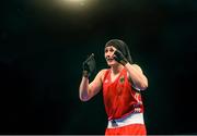 6 June 2014; Germany's Sarah Scheurich celebrates after victory over Leyla Javadova, Azerbaijhan, in their 75kg Semi-Final bout. 2014 European Women’s Boxing Championships Semi-Finals, Polivalenta Hall, Bucharest, Romania. Picture credit: Pat Murphy / SPORTSFILE