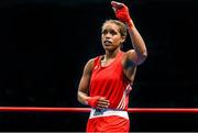 6 June 2014; Natasha Jonas, England, celebrates victory over Simona Sitar, Romania, in their 64kg Semi-Final bout. 2014 European Women’s Boxing Championships Semi-Finals, Polivalenta Hall, Bucharest, Romania. Picture credit: Pat Murphy / SPORTSFILE