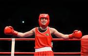 7 June 2014; Ireland's Katie Taylor celebrates at the bell after victory over Estelle Mossley, France, in their 60kg Final bout to win her sixth straight european title. 2014 European Women’s Boxing Championships Finals, Polivalenta Hall, Bucharest, Romania. Picture credit: Pat Murphy / SPORTSFILE