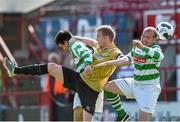 7 June 2014; Conor Kenna, Shamrock Rovers, in action against Joseph Flood and Anthony Kavanagh, Sherriff YC. FAI Ford Cup, 2nd Round, Sherriff YC v Shamrock Rovers, Tolka Park, Dublin. Picture credit: Matt Browne / SPORTSFILE