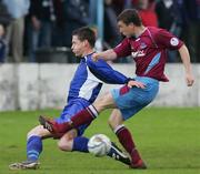 26 May 2006; Conor Molan, Limerick FC, in action against Shane Barrett, Drogheda United. FAI Carlsberg Cup, 2nd Round, Limerick FC v Drogheda United, Hogan Park, Limerick. Picture credit: Kieran Clancy / SPORTSFILE