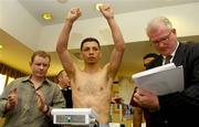 2 June 2006; David Martinez, alongside promoter Brian Peters, left, and Mel Christie, President Boxing Union of Ireland, at a press conference and weigh-in ahead of his bout against Bernard Dunne. Plaza Hotel, Tallaght, Dublin. Picture credit: David Maher / SPORTSFILE