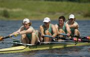 10 June 2006; The Irish U23 men's heavyweight four (M4-), from left, Paul Murray, Paul O'Brien, Daniel Barry and James Wall in action at the Irish rowing team's training base on Blessington Lake. Blessington, Co. Wicklow. Picture credit: Brendan Moran / SPORTSFILE
