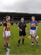 4 May 2014; Referee James Owens tosses the coin between JJ Delaney, Kilkenny, left, and Brendan Maher, Tipperary. Allianz Hurling League Division 1 Final, Tipperary v Kilkenny, Semple Stadium, Thurles, Co. Tipperary. Picture credit: Ray McManus / SPORTSFILE
