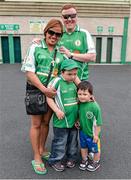 21 June 2014; London supporters Mark and Mickael Nove, their mother Garbin and father John, four of the 607 in attendance, outside the Mackey stand before the game. GAA Football All-Ireland Senior Championship, Round 1A, Limerick v London, Gaelic Grounds, Limerick. Picture credit: Ray McManus / SPORTSFILE