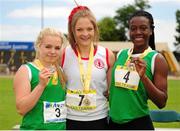 21 June 2014; Winner of the Girls 100m event Megan Marrs, centre, Strathern, Belfast, left, third placed Molly Scott, left, Scoil Conglais, Co. Wicklow, and second placed Gina Akpe Moses, St. Vincent's, Dundalk. The 2014 Aviva Schools Tailteann Games. Morton Stadium, Santry, Dublin. Picture credit: Tomás Greally / SPORTSFILE