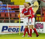 5 July 2006; Jason Byrne, Shelbourne, is congratulated by team-mate Dave Rogers, left, after scoring his side's second goal. eircom League Cup, Quarter-Final, Shelbourne v Finn Harps, Tolka Park, Dublin. Picture credit: Pat Murphy / SPORTSFILE