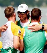 9 July 2006; Ireland's Eugene Coakley, centre, celebrates with team-mates Richard Archibald, left, and Paul Griffen, right, after victory in the Lightweight Mens Fours Final. 2006 FISA World Cup, Lightweight Mens Fours Final, Lucerne, Switzerland. Picture credit: SPORTSFILE