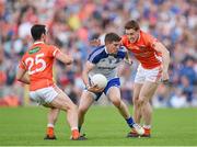 28 June 2014; Darren Hughes, Monaghan, in action against Aaron Kernan, left, and Charlie Vernon, Armagh. Ulster GAA Football Senior Championship, Semi-Final, Armagh v Monaghan, St Tiernach's Park, Clones, Co. Monaghan. Picture credit: Ramsey Cardy / SPORTSFILE