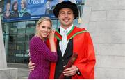 2 July 2014; Ulster and Ireland rugby player Tommy Bowe and his fiance Lucy Whitehouse pictured after he received an Honorary Degree of Doctor of Science for his outstanding contribution to sport. Belfast Waterfront Hall, Belfast, Co. Antrim. Picture credit: John Dickson / SPORTSFILE