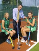 20 July 2006; Sean Kelly, newly appointed Executive Chairman of the The Irish Institute of Sport, with Nicola Evans, right, Vice-Captain, and Chloe Watkins, members of the Ireland U16 girls hockey team who recently won bronze medal in the EuroHockey Youth Nations Championships in Valencia, Spain. Belfield, UCD, Dublin. Picture credit: Brian Lawless / SPORTSFILE