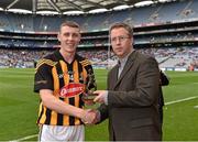 6 July 2014; Paul Stapleton, General Manager Electric Ireland, proud sponsor of the GAA All-Ireland Minor Championships, presents Liam Blanchfield from Kilkenny with the player of the match award for his outstanding performance in the Electric Ireland Leinster GAA Hurling Minor Championship Final, Kilkenny v Dublin, Croke Park, Dublin. Picture credit: Pat Murphy / SPORTSFILE