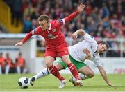 6 July 2014; David Cawley, Sligo Rovers, in action against Mark O'Sullivan, Cork City. SSE Airtricity League Premier Division, Sligo Rovers v Cork City, Showgrounds, Sligo. Picture credit: David Maher / SPORTSFILE