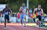 8 July 2014; Mark Lewis Francis, 201, Great Britain, in action against Philip Redrick, 205, USA, and David Hynes, 216, Ireland, during the Men's 100m. Cork City Sports 2014, CIT, Bishopstown, Cork. Picture credit: Brendan Moran / SPORTSFILE
