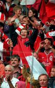 8 August 1999; Cork supporter Margaret O'Neill celebrating during the Guinness All-Ireland Hurling Senior Championship Semi-Final match between Cork and Offaly at Croke Park in Dublin. Photo by Aoife Rice/Sportsfile