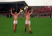 8 August 1999; Johnny Sheehan, left, and Alan Browne of Cork celebrate victory over Offaly after the Guinness All-Ireland Hurling Senior Championship Semi-Final match between Cork and Offaly at Croke Park in Dublin. Photo by Aoife Rice/Sportsfile