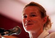 13 August 1999; Sonia O'Sullivan speaking to media at the announcement that BUPA Ireland will sponsor the Loughrea Run on the 16th October, at the Loughrea Hotel, Loughrea in Galway. Photo by Brendan Moran/Sportsfile