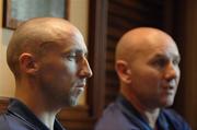 9 August 2006; Tony Grant, left, Drogheda United, with his manager, Paul Doolin, speaking at a press conference ahead of the UEFA Cup Second Qualifying Round, Second Leg, game against IK Start. Radisson Hotel, Kristiansand, Norway. Picture credit; David Maher / SPORTSFILE