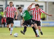 10 July 2014; Barry McNamee, Derry City, in action against Bari Morgan, Aberystwyth Town. UEFA Europa League First Qualifying Round, Second Leg, Aberystwyth Town v Derry City. Park Avenue, Aberystwth, Wales. Picture credit: Ian Cook / SPORTSFILE
