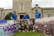 11 July 2014; The Royal Dublin Society (RDS) and Leinster Rugby have this morning announced plans for the redevelopment of the RDS Arena. The first stage of the plan is a six month worldwide architectural competition, administered by the RIAI, after which a five member jury will select a winning design for the new RDS Arena. This is the first time that a process of this nature has been used for the design of sports stadia in Ireland. Further information on the competition is available at www.riai.ie and it is hoped that the winning design for the new RDS Arena will be unveiled in December 2014. Pictured at today’s event are Leinster head coach Matt O'Connor with leinster players Luke Fitzgerald, left, and Sean O'Brien, right. RDS, Merrion Road, Dublin 4. Picture credit: Matt Browne / SPORTSFILE