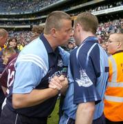 12 August 2006; Dublin manager Paul Caffrey has a word in the ear of Dublin's Coman Goggins at the end of the match. Bank of Ireland All-Ireland Senior Football Championship, Quarter-Final, Dublin v Westmeath, Croke Park, Dublin. Picture credit; Damien Eagers / SPORTSFILE