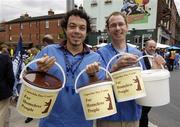 12 August 2006; Andrew Clare, from Brisbane, Australia, and Diarmuid ó Coimín, from Dublin, make a collection on behalf of The Capuchian Day Centre before the game. Bank of Ireland All-Ireland Senior Football Championship, Quarter-Final, Dublin v Westmeath, Croke Park, Dublin. Picture credit; Ray McManus / SPORTSFILE