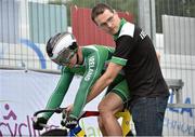 12 July 2014; Eoin Mullen, Ireland, with head coach Brian Nugent, ahead of the Mens Sprint Final during the UCI Track Cycling International Grand Prix, Velodrome, Eamonn Ceant Park, Kimmage, Dublin. Picture credit: Barry Cregg / SPORTSFILE