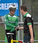 12 July 2014; Eoin Mullen, Ireland, is congradulated by Head Coach Brian Nugent, after winning the Mens Sprint Final during the UCI Track Cycling International Grand Prix, Velodrome, Eamonn Ceant Park, Kimmage, Dublin. Picture credit: Barry Cregg / SPORTSFILE