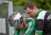 12 July 2014; Eoin Mullen, Ireland, with Head Coach Brian Nugent, ahead of the Mens Sprint Final during the UCI Track Cycling International Grand Prix, Velodrome, Eamonn Ceant Park, Kimmage, Dublin. Picture credit: Barry Cregg / SPORTSFILE