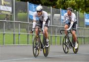 12 July 2014; Maximilian Beyer, left, Germany comes to the finishline ahead of team-mate Lucas Liss on his way to winning the Mens Omnium 4k Pursuit race during the UCI Track Cycling International Grand Prix, Velodrome, Eamonn Ceant Park, Kimmage, Dublin. Picture credit: Barry Cregg / SPORTSFILE