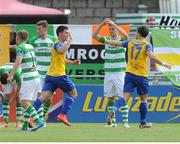 13 July 2014; Patrick Hoban, left, celebrates with Richie Towell, Dundalk FC, after scoring a goal. SSE Airtricity League Premier Division, Shamrock Rovers v Dundalk, Tallaght Stadium, Tallaght, Co. Dublin. Picture credit: Ray Lohan / SPORTSFILE