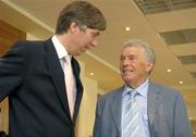 18 August 2006; FAI Chief Executive John Delaney in conversation with former Republic of Ireland international John Giles at the announcement by the FAI of details of an historic event to mark the contribution of Irish Senior International players and Managers since its first international game in 1926. Burlington Hotel, Dublin. Picture credit: Pat Murphy / SPORTSFILE