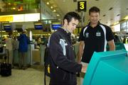 16 August 2006; Irish rowers Gearoid Towey, left, and Sean Jacob check in at Dublin Airport ahead of the Irish Rowing team's departure to the World Rowing Championships to be held from the 20th to the 27th August in London, England. Dublin Airport, Dublin. Picture credit: Brendan Moran / SPORTSFILE