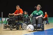 17 July 2014; Thomas Winters, Ireland, in action against Fabrice Zbinden, Switzerland. European Powerchair Football Nations Cup, Ireland v Switzerland, University of Limerick, Limerick. Picture credit: Diarmuid Greene / SPORTSFILE