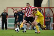 17 July 2014; Barry Molloy, Derry City, in action against Siarhei Balanovich, Shakhtyor Soligorsk. UEFA Europa League Second Qualifying Round, First Leg, Derry City v Shakhtyor Soligorsk, Brandywell, Derry. Picture credit: Oliver McVeigh / SPORTSFILE