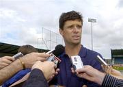 23 August 2006; Former Republic of Ireland international Niall Quinn is interviewed during the Dublin Docklands Festival of Hurling and Gaelic Football, which is sponsored by the Dublin Docklands Development Authority. Parnell Park, Dublin. Picture credit: Pat Murphy / SPORTSFILE