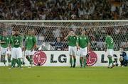 2 September 2006; Dejected Republic of Ireland players, left to right, Richard Dunne, Andy O'Brien, Stephen Carr, Steven Reid, Kevin Kilbane, John O'Shea, Steve Finnan and Shay Given after Germany had scored their goal. Euro 2008 Championship Qualifier, Germany  v Republic of Ireland, Gottleib-Damlier Stadion, Stuttgart, Germany. Picture credit: David Maher / SPORTSFILE