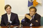 5 September 2006; FIFA and UEFA Executive Member Michel Platini with John Delaney, Chief Executive of the FAI, speaking at a press conference ahead of tomorrow evening's FAI Carlsberg Senior Challenge Cup Draw. Football Association of Ireland, Dublin. Picture credit: Damien Eagers / SPORTSFILE