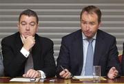 5 September 2006; Gerry Cuffe, President, Bohemian FC, alongside Gerry Conway, left, Honorary Secretary, Bohemian FC, speaking to journalists in relation to the purchase of Dalymount Park and the club's relocation to a new Stadium. Bohemians Press Conference, Na Fianna GAA Grounds, Mobhi Road, Dublin. Picture credit: Brendan Moran / SPORTSFILE