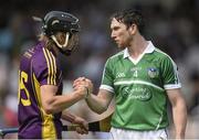 27 July 2014; Seamus Hickey, Limerick, and Liam Óg McGovern, Wexford, exchange a handshake after the game. GAA Hurling All Ireland Senior Championship Quarter-Final, Limerick v Wexford. Semple Stadium, Thurles, Co. Tipperary. Picture credit: Diarmuid Greene / SPORTSFILE