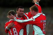 20 August 1999; Ian Gilzean celebrates St Patrick's Athletic team-mates Trevor Molloy, left, and Stephen McGuinness, right, after scoring his side's first goal during the Eircom League Premier Division match between UCD and St Patrick's Athletic at Belfield Park in Dublin. Photo by Ray McManus/Sportsfile