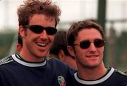 30 August 1999; Republic of Ireland's Kenny Cunningham, left, and Robbie Keane test their new Rayban sunglasses which were presented to the squad after a Republic of Ireland training session at the AUL Grounds in Clonshaugh, Dublin. Photo by David Maher/Sportsfile