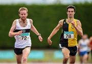 3 August 2014; John Travers, left, from Donore Harriers, Dublin, on his way to winning the the Men's Division 1, 1500m ahead of second place Eoin Everard from Kilkenny City Harriers AC. GloHealth National League Final, Tullamore Harriers AC, Tullamore, Co. Offaly. Picture credit: Matt Browne / SPORTSFILE