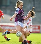 4 August 2014; Cork goalkeeper Méabh O'Sullivan saves a close range shot from Aoibhinn Joyce, Galway. All-Ireland Ladies Football Minor A Championship Final, Cork v Galway, St Brendan's Park, Birr, Co. Offaly. Picture credit: Brendan Moran / SPORTSFILE