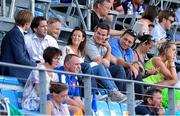 5 August 2014; Ireland and Racing Metro out-half Jonathan Sexton and his wife Laura, son Luca, share a joke with Ireland head coach Joe Schmidt, second from left, at the game. 2014 Women's Rugby World Cup, Pool B, Ireland v New Zealand, Marcoussis, Paris, France. Picture credit: Aurélien Meunier / SPORTSFILE