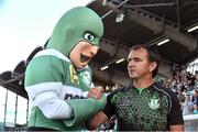 8 August 2014; Shamrock Rovers manager Pat Fenlon with team mascot Hooperman before the start of the game. SSE Airtricity League Premier Division, Shamrock Rovers v Derry City, Tallaght Stadium, Tallaght, Co. Dublin. Picture credit: David Maher / SPORTSFILE