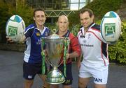 3 October 2006; The Heineken Cup 2006/2007 was launched in Leitrim Street, Cork with a press conference. Pictured at the launch was Munster's Peter Stringer, Leinsters Kieran Lewis, left, and Ulsters Simon Best. Picture credit: Damien Eagers / SPORTSFILE